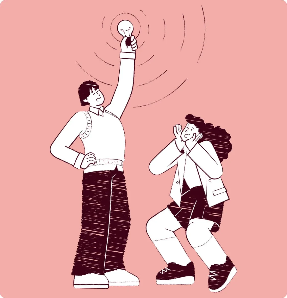 Person håller upp en glödlampa som symbol för en idé; annan person reagerar imponerat.