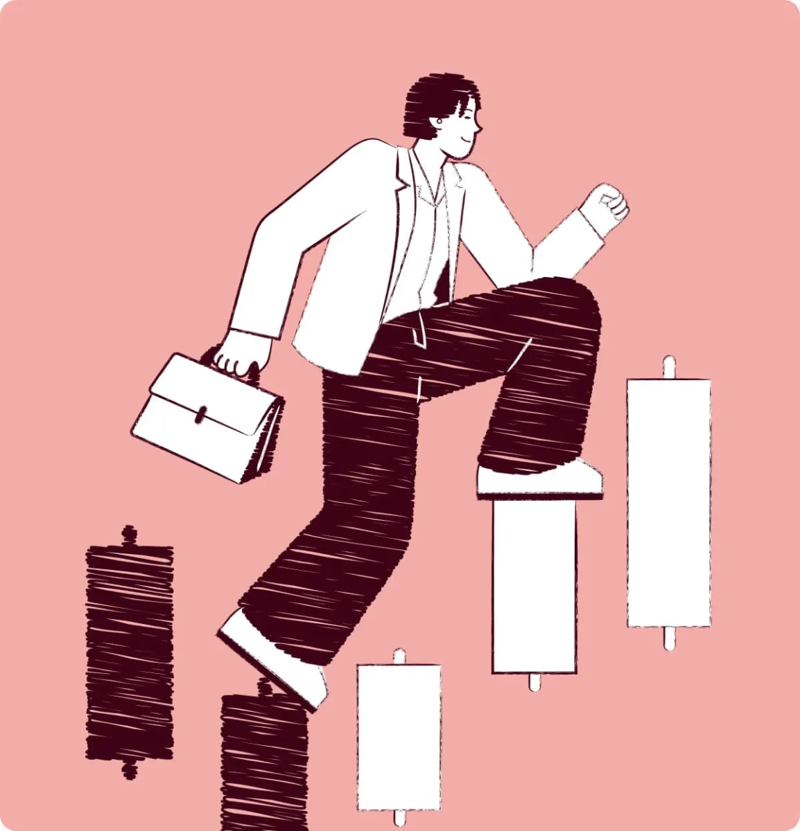 Person med portfölj kliver uppför staplar i ett diagram, symbol för karriärutveckling.