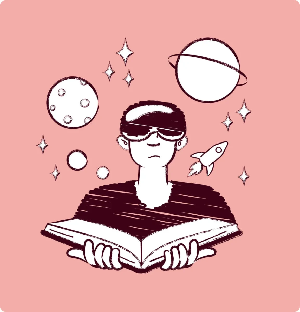 Person läser en bok medan planeter, stjärnor och en raket svävar runt.