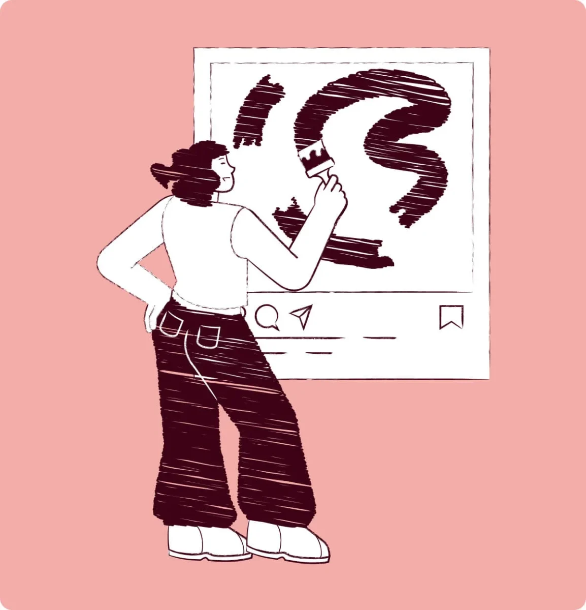 Person målar stora bokstäver på en skärm som liknar ett inlägg i sociala medier.