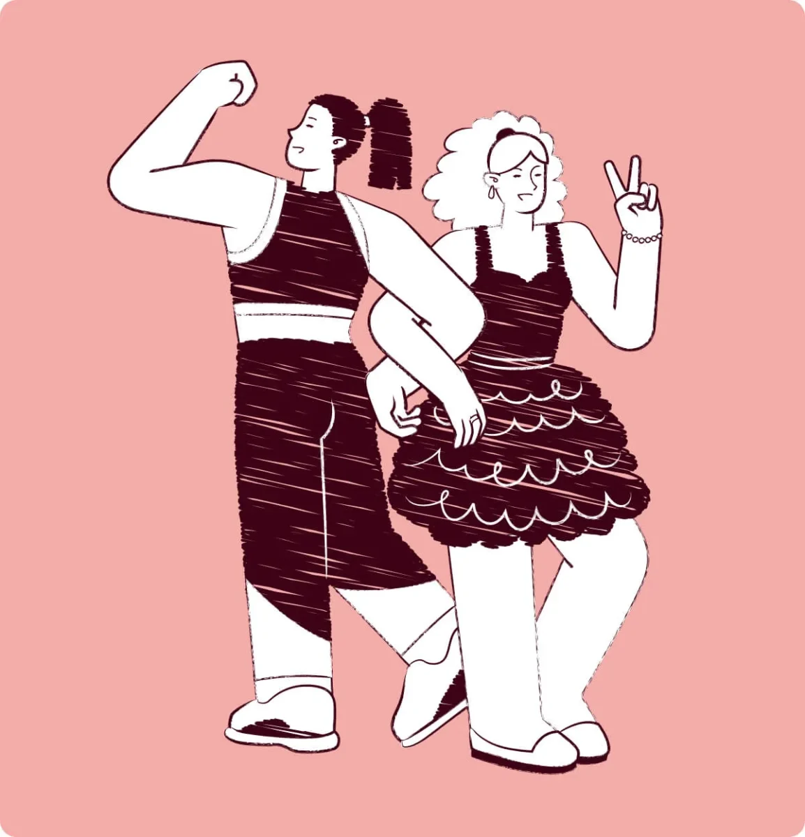 Två personer poserar självsäkert; en spänner armen och den andra gör ett V-tecken.