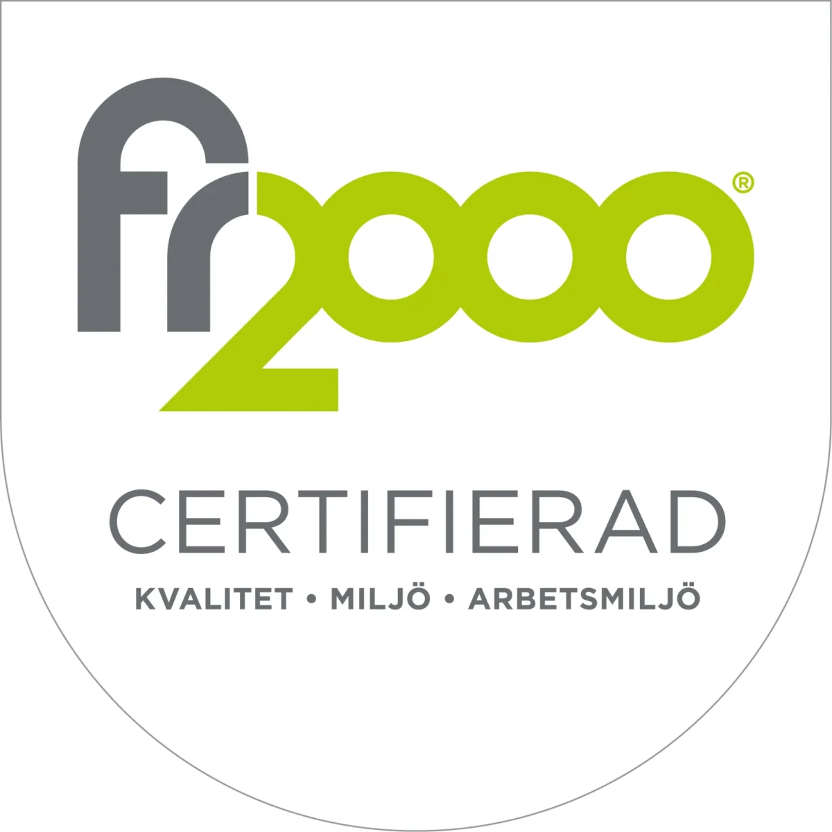 Logotyp för FR2000 – certifierad inom kvalitet, miljö och arbetsmiljö.